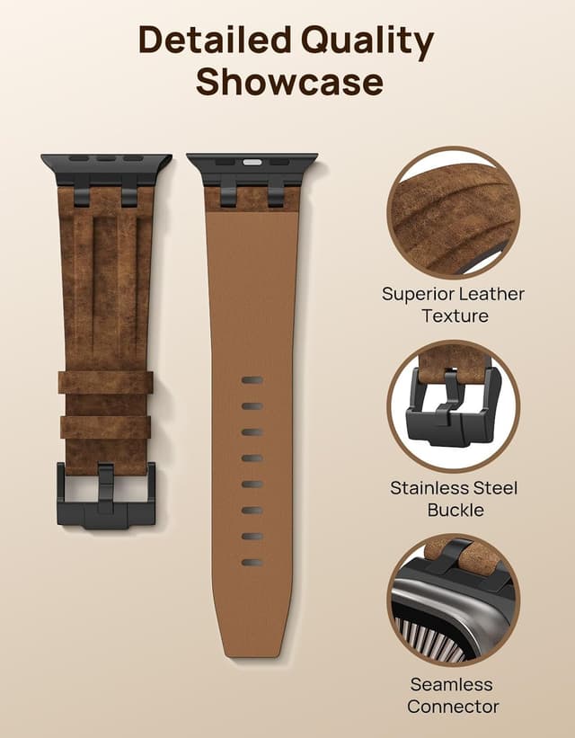 Detalle de MoKo Bracelet en cuir pour Apple Watch (Ultra/Series/SE) avec connecteurs métalliques