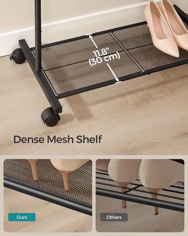 Detalle 2 de SONGMICS HSR130B01 Clothes Rack with Wheels (74 cm) with Mesh Storage Shelf and 2 Brakes