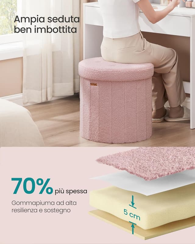 Detalle de SONGMICS MAZIE LSF606R01 pouf contenitore rotondo pieghevole rosa pastello, con coperchio e seduta in tessuto peluche