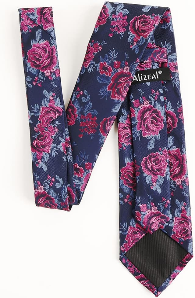 Detalle de Alizeal men’s floral pattern tie with matching pocket square set (8cm tie, 25cm square)