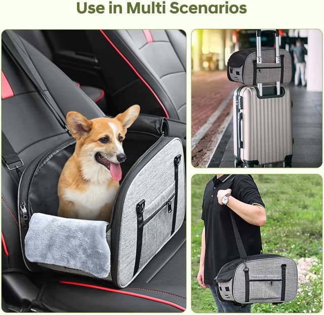 Detalle 2 de Petzauber Hundeautositz für kleine Hunde (Mittelkonsole) – doppelter Sicherheitsgurt, rutschfester Unterseite, waschbares Kissen, grau