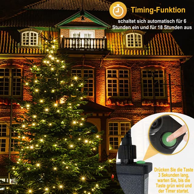 Detalle de Meision Lichterkette Außen Strom 20 m (200 LEDs) mit 8 Modi, Timer & Speicherfunktion (Warmweiß, IP44)