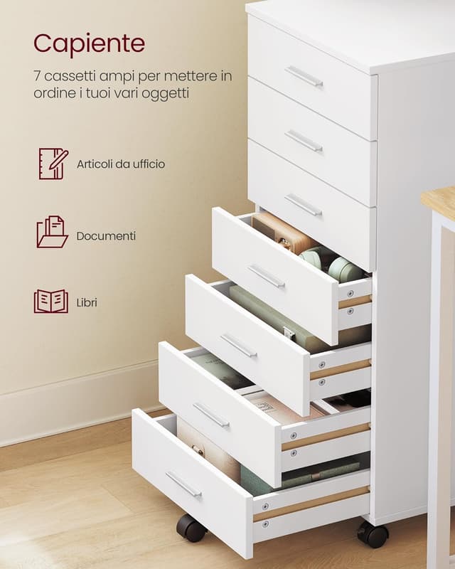 Detalle 2 de VASAGLE Cassettiera da ufficio con 7 cassetti OFC085WB02, mobile su ruote per documenti e stampante