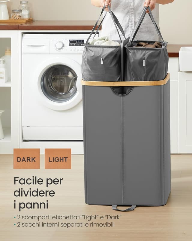 Detalle de SONGMICS LCB523G01 cesto portabiancheria a 2 scomparti da 150 L con coperchio e sacchi interni rimovibili