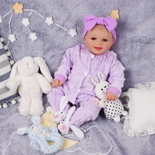 Detalle de BABESIDE Rinato Sunny 17" Bambola neonata in stile reborn viola, corpo morbido in tessuto
