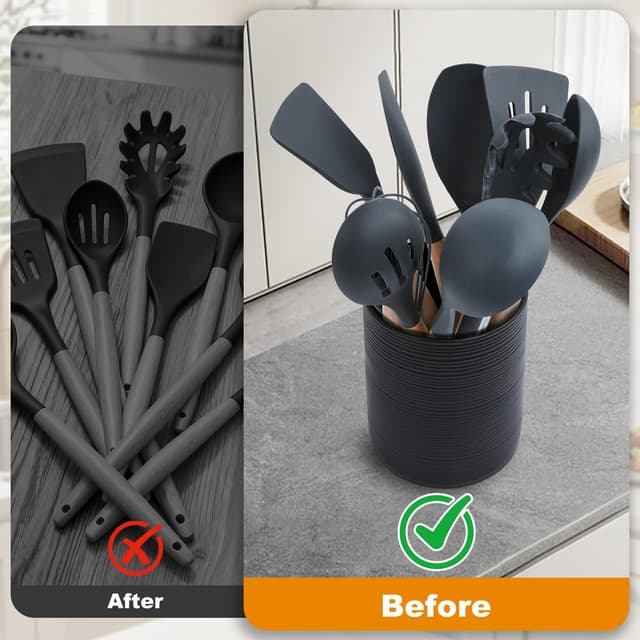 Detalle de DoocliB Küchenutensilienhalter aus Keramik (10 x 13,5 cm) – Besteckhalter für Löffel, Gabeln & Spatel, Schwarz