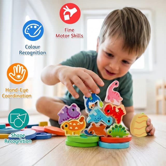 Detalle 2 de LZDMY Montessori Spielzeug ab 1 Jahr – Dino Eier Steckspiel aus Holz für Motorik & Sortieren