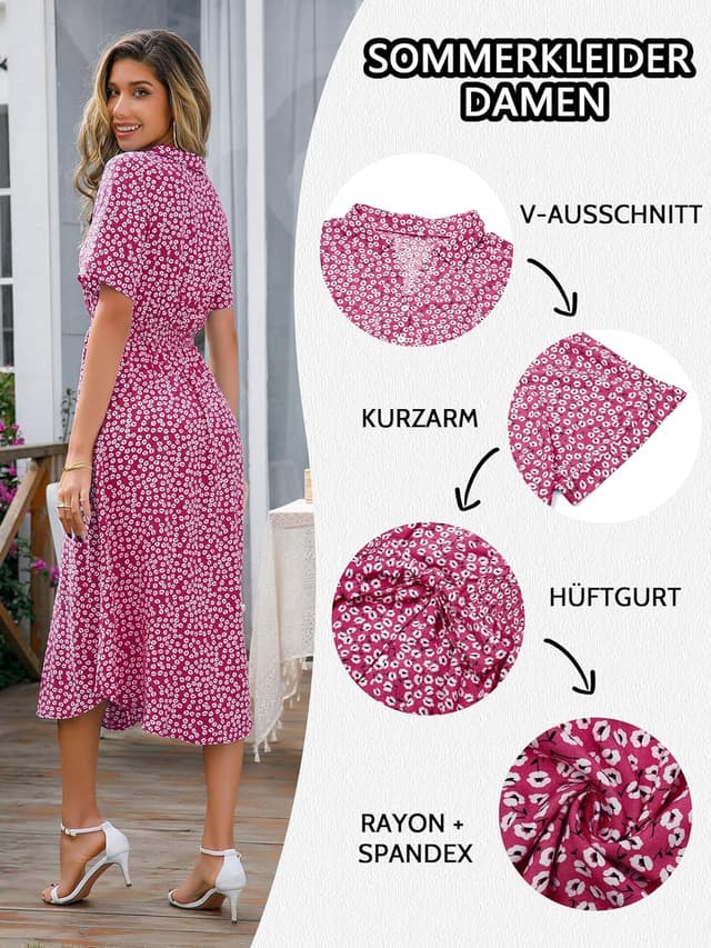 Detalle 2 de Livonmone Sommerkleid für Damen mit V-Ausschnitt, Blumendruck, Gürtel und Knopfverschluss