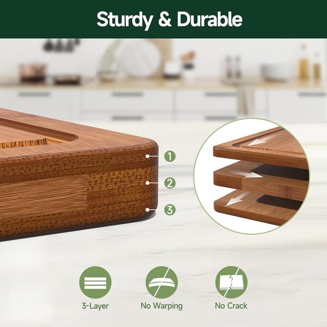 Detalle de Zeawec 3-Piece Bamboo Cutting Board Set with Deep Juice Grooves (Carbonized)