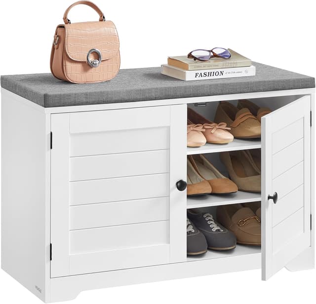 Thumbnail 6 de VASAGLE LSB044W01 Panca scarpiera con 3 livelli, ante e cuscino rimovibile (35,5 × 101 × 52,5 cm) bianco nuvola/grigio tortora