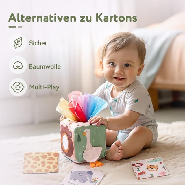 Detalle de WOODEN TEETHER Tissue Box Montessori Motorikspielzeug mit Spiegel – Sensorik-Lernspiel für Babys (ca. 6–12 Monate)