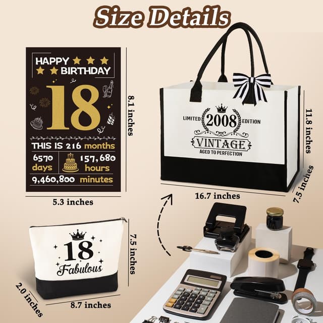 Thumbnail 6 de 18th Birthday Gifts for Girls – Vintage 2008 Canvas Tote & Makeup Bag Set (2008 “Fabulous 18” set)