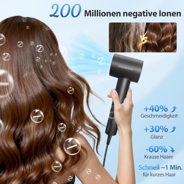 Detalle de Aigostar Ionen Haartrockner mit Diffusor, 200 Mio. Ionen, BLDC-Motor (110.000 U/min) & 55 dB