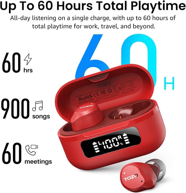 Detalle 2 de TOZO NC9 cuffie Bluetooth 5.3 con ANC ibrido, 6 microfoni ENC e modalità trasparente (Rosso)