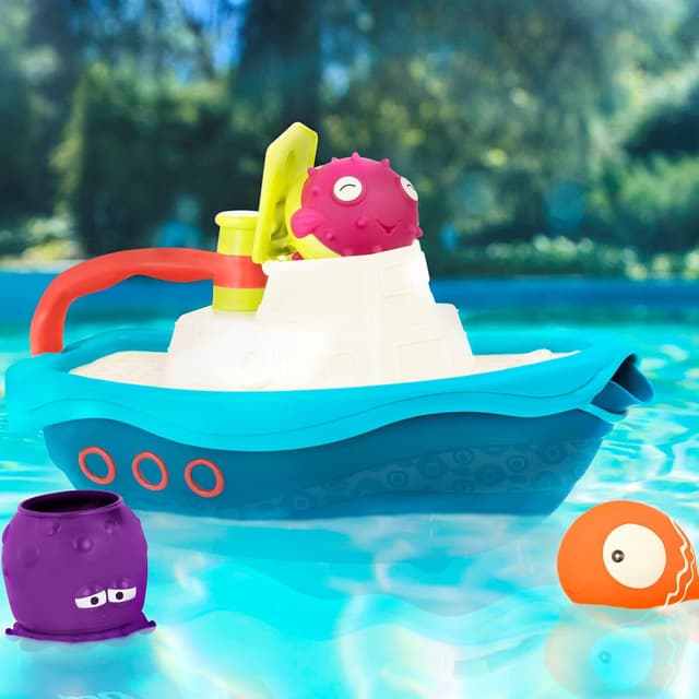 Detalle 2 de B. toys Fuori dal gancio – Playset bagno e spiaggia con barca giocattolo, tazza polpo e spruzzi di pesci (6 mesi+)