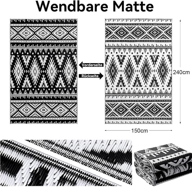 Detalle de Homaxy Outdoor Teppich wetterfest, faltbar & waschbar (150 x 240 cm) – schwarz/weiß, beidseitig wendbar