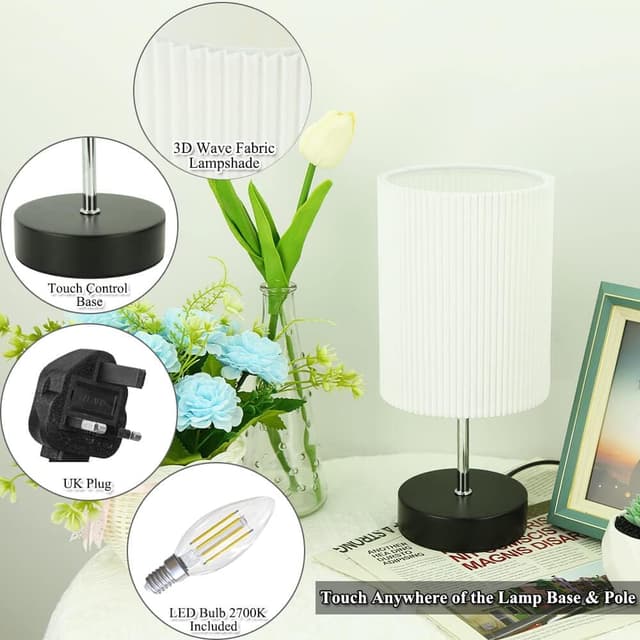 Detalle 2 de HSLighting bedside lamp with touch control, 3-way dimmable LED bulb (E14) and metal base, black