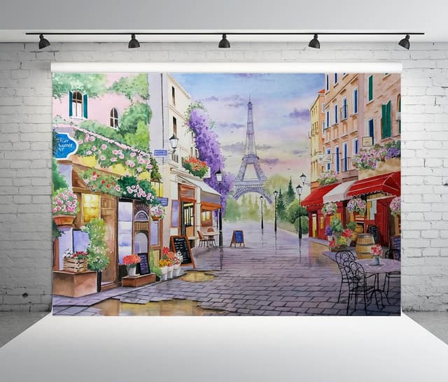 Detalle 2 de BELECO Aquarellgemälde mit Eiffelturm, Paris-Blue – Polyesterstoff-Hintergrund 2,1 x 1,5 m