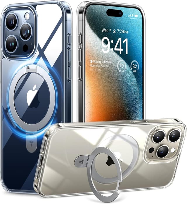 Detalle de TORRAS Magnetic Ostand for iPhone 15 Pro Max Case (MagSafe Compatible, Built-In Kickstand), Clear Slim Hard Back