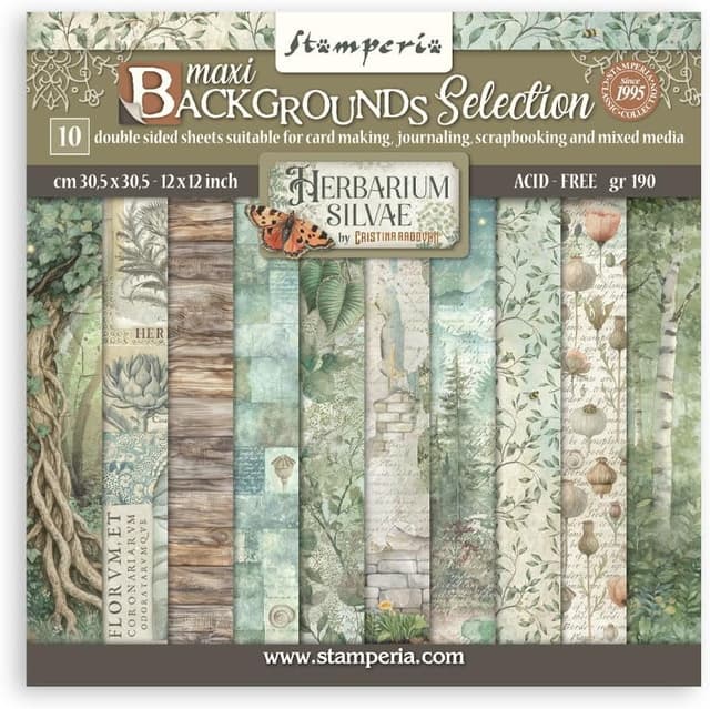 Detalle de Stamperia Herbarium Silvae Scrapbook Paper Pad 30,5 x 30,5 cm, carta doppia faccia acid free per scrapbooking, bullet journal e carte