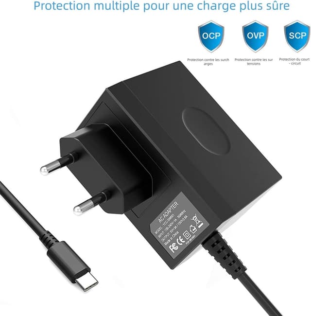 Detalle de Chargeur secteur YCCSKY 45W pour Nintendo Switch (TV / portable) avec câble USB‑C 1,5 m