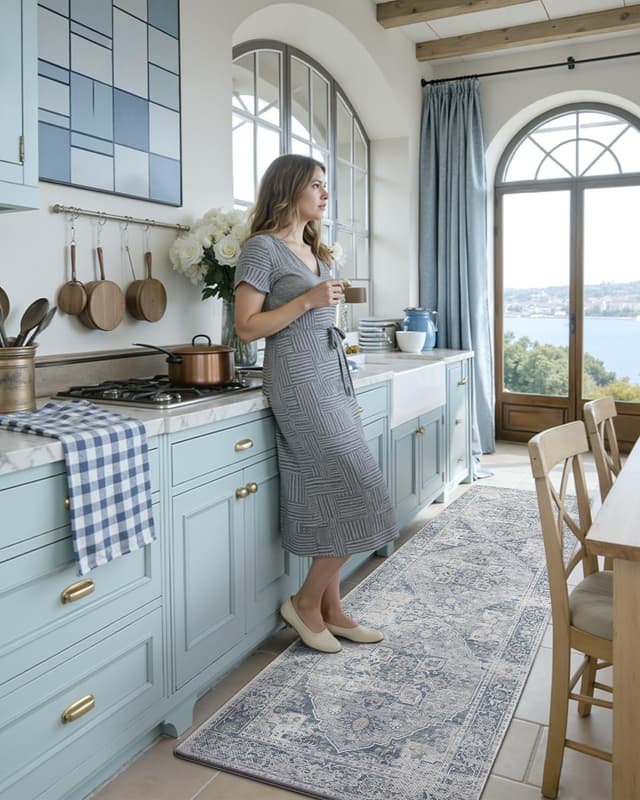 Detalle de DEXI Kitchen Floor Mats Anti-Fatigue Runner (23x86) Waterproof Cushioned Vintage Rug, Light Grey and Blue