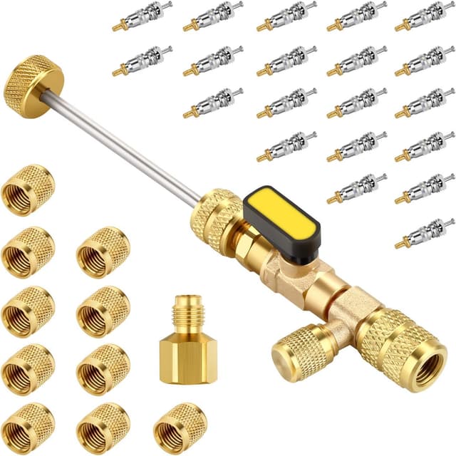 Detalle de WADEO Valve Core Remover & Installer Tool (Dual SAE 1/4 & 5/16) with Valve Cores and Brass Nuts