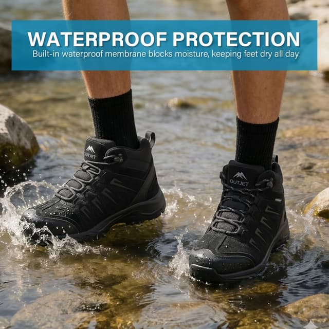 Detalle de OUTJET Men’s Waterproof Hiking Boots – Lightweight Leather Mid Ankle Trekking Footwear