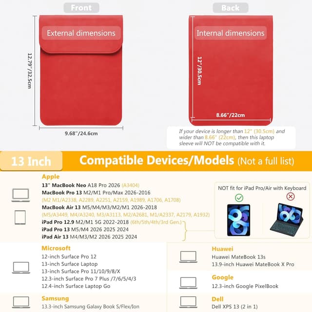 Detalle 2 de HYZUO 13 Zoll Laptop-Hülle aus Kunst-Suede, kompatibel mit ausgewählten MacBook Air/Pro, Dell XPS 13 und Surface Pro – Rot