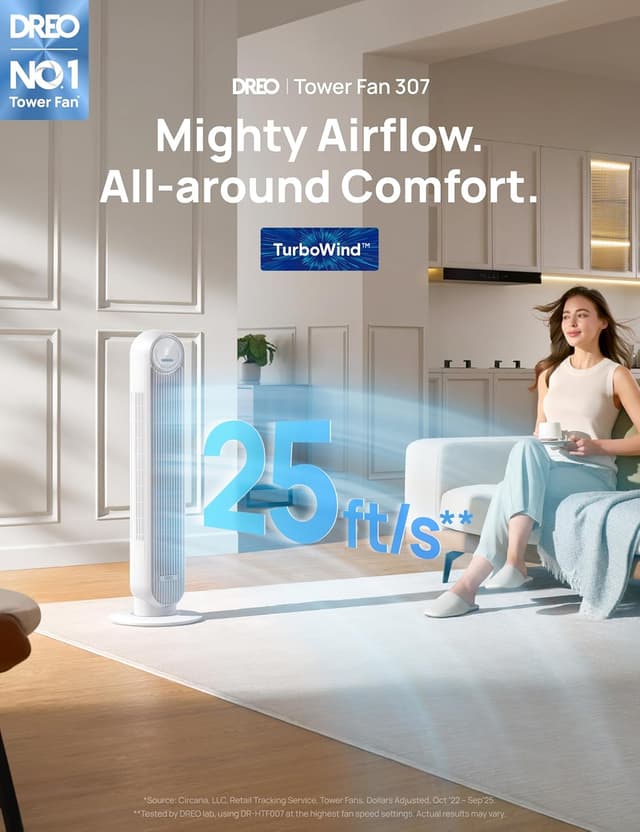 Detalle 2 de Dreo Nomad One ventilateur colonne silencieux, oscillation 90°, télécommande incluse, 4 vitesses et 4 modes