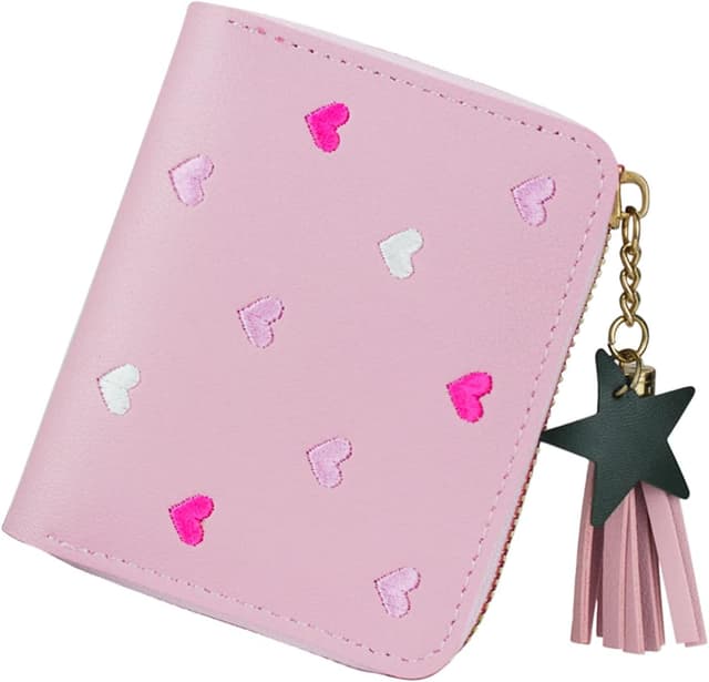 Detalle de FuninCrea Ladies Purse Wallet with Star Pendant (Pink PU Leather) – zipper coin pouch and card slots