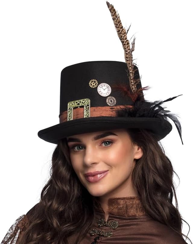 Detalle 2 de Boland Steampunk-Plumepunk Hut mit Zahnrädern (Schwarz) – Accessoire für Kostüm, Mottoparty, Karneval & Halloween