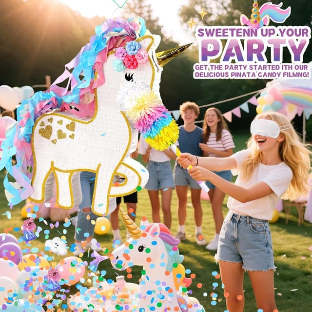 Thumbnail 6 de 24" Large Rainbow Unicorn Piñata for Birthday Parties — White Magical Unicorn Party Decoration with Gold Horn