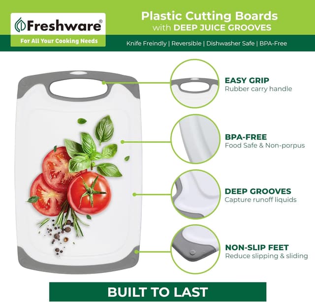 Detalle de Freshware Kitchen Cutting Boards (3-Pack) with Juice Grooves, Non Slip Handles, Reversible & Dishwasher Safe (Gray)