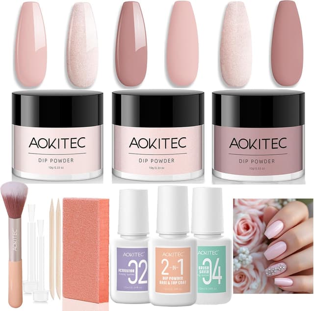 Detalle de Aokitec lot de 12 poudres de trempage pour ongles (démarrage) – 3 couleurs rose clair/nude/rose pâle avec base, top coat et accessoires