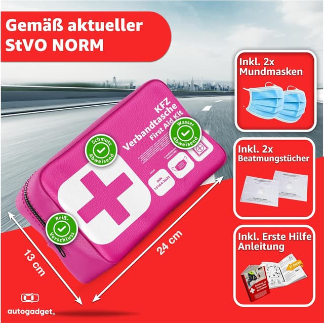 Detalle de Verbandstasche KFZ Norm 2026 mit Beatmungstüchern (DIN 13164:2022) – Erste-Hilfe-Set für Auto, StVO-konform in Pink