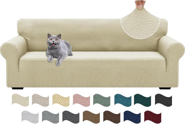 Detalle de Ystyle copridivano 4 posti con braccioli, super elasticizzato antigraffio (gatto) beige chiaro