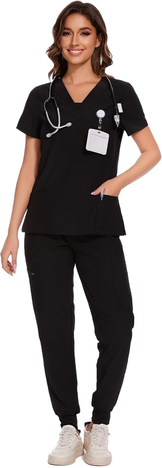 Detalle de COZYFIT Women’s V-Neck Scrubs Top & Cargo Pants Set with 10 Pockets