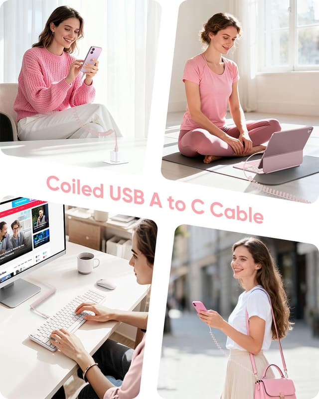 Detalle de SUNGUY USB‑C Spiralkabel (1,8 m) – Datenkabel & Schnellladung für Auto (Android Auto/Carplay) in Rosa