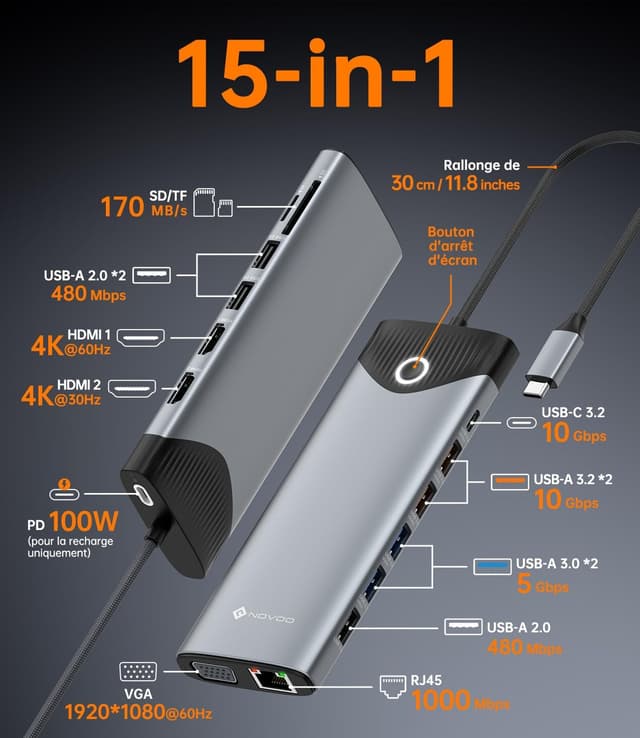 Thumbnail 1 de Station d’accueil USB-C NOVOO triple affichage 15 en 1