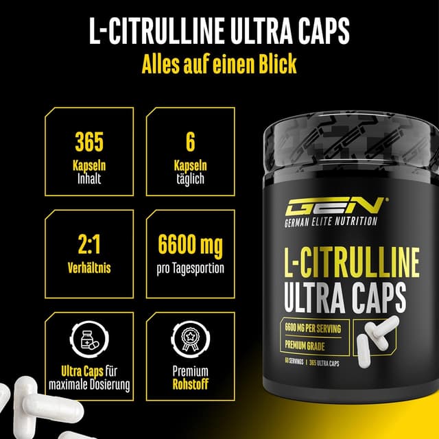 Detalle de L-Citrullin Ultra Caps von German Elite Nutrition – 365 Kapseln mit 1.100 mg L-Citrullin DL-Malat (2:1)