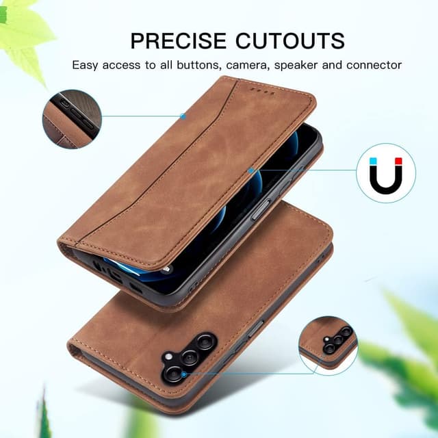 Detalle 2 de Leaisan Handyhülle für Samsung Galaxy A14 5G/4G – Leder-Flip mit Magnetverschluss, Kartenfächern und Standfunktion (braun)