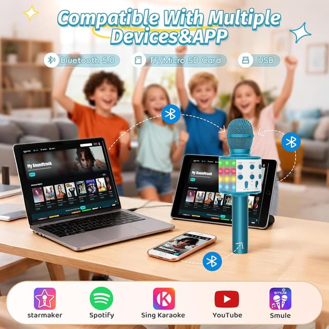 Detalle de Fede Karaoke Mikrofon: drahtloses Bluetooth-Mikrofon mit Lautsprecher und LED-Licht