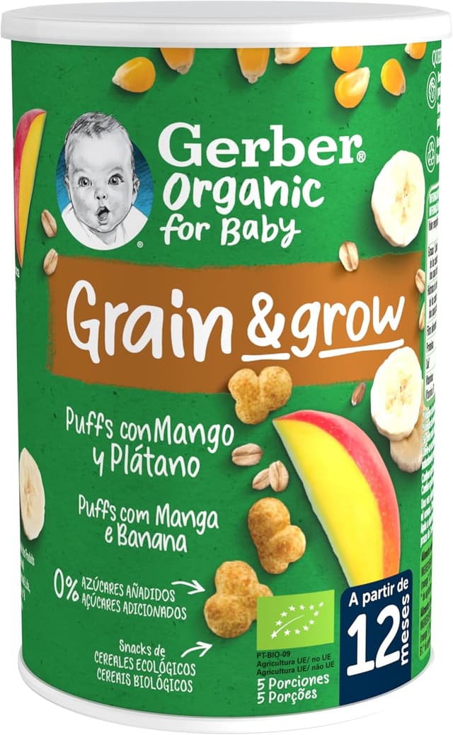 Detalle de Gerber Organic Snack Mango, Maíz y Avena, 5 latas de 35 g 🌱