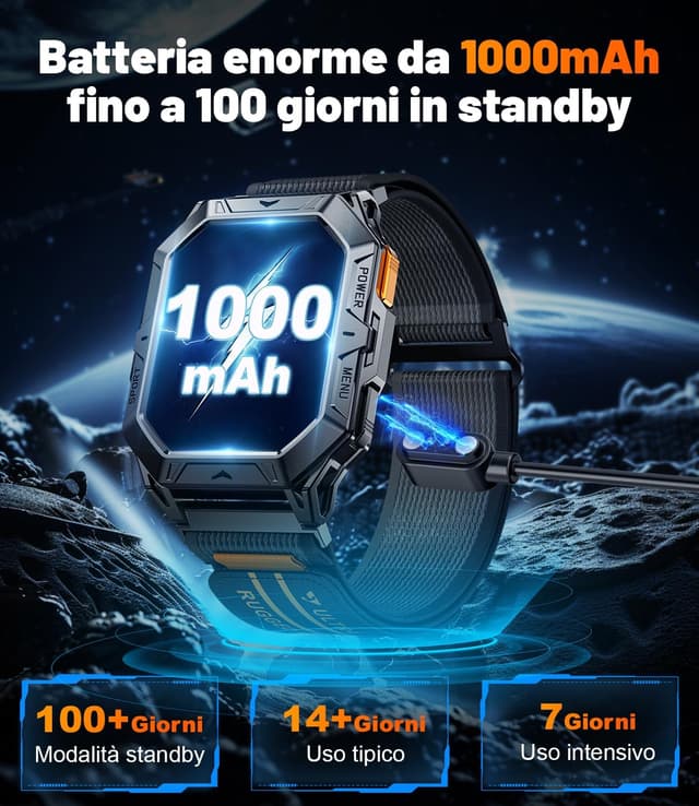 Detalle de Smartwatch Uomo Militare TX1 grigio con batteria da 1000mAh, bussola/barometro e 10ATM