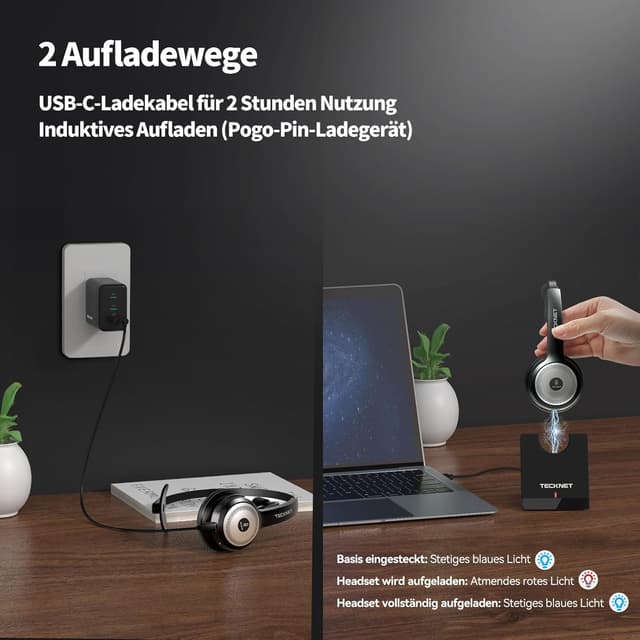 Detalle 2 de TECKNET Bluetooth PC Headset mit Mikrofon & USB-Dongle (mono) inkl. Ladestation