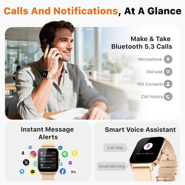 Detalle 2 de Kriutefy smart watch for women & men with call answering, HD display and fitness tracking (Champagne Gold, 2 straps)