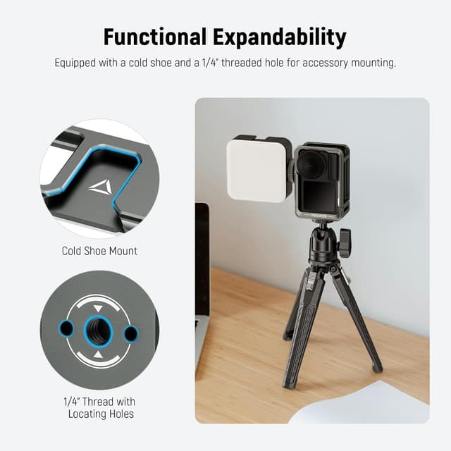 Detalle de NEEWER Käfig für DJI Osmo Action 5 Pro (AC014) – Schutzrig aus Aluminium mit Cold Shoe und 1/4-Zoll Gewinde