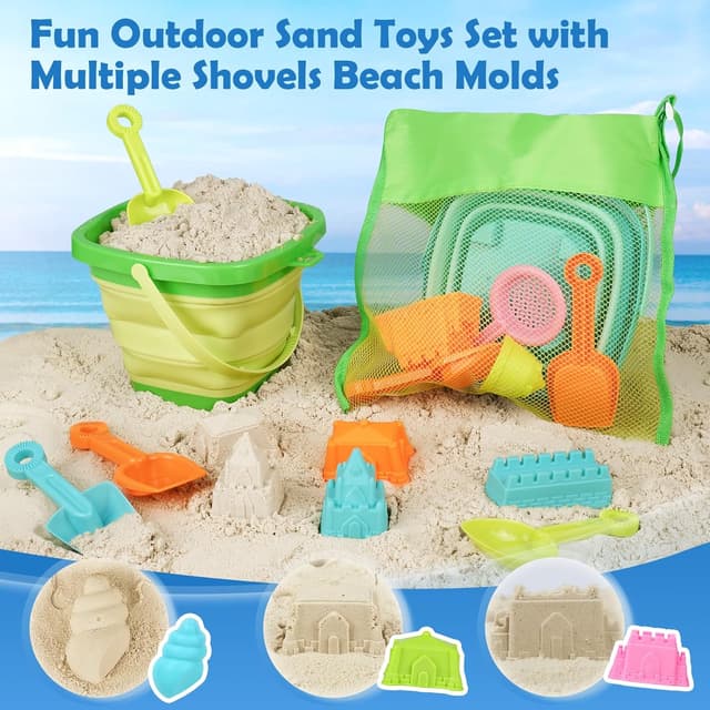 Detalle de Dreamon Beach Toys for Kids (3–10) – 30-Piece Collapsible Sand Toys Set with 3 Buckets, Molds & Mesh Storage Bags