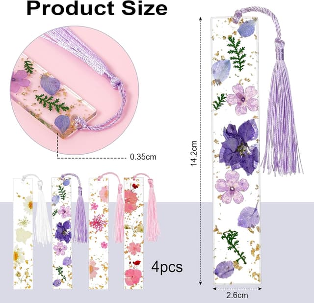 Detalle de OFFCUP Gepresste Blumen Lesezeichen aus Harz (4 Stück) mit Quaste – Lesezeichen personalisiert